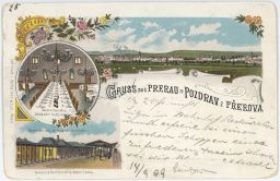 Železnice nádraží nádražní restaurace litografie Přerov 1899