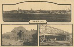 Železnice nádraží celkový pohled Přerov Aquarel 1920