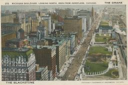 USA Chicago pohled z letadla * Seen from Aeroplane Michigan Boulevard The Blackstone The Drake 1924