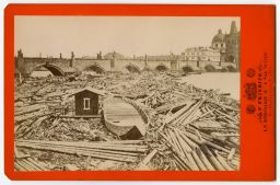 Praha, naplavené dříví u Karlova mostu za povodně 1872, kabinetka