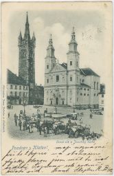 Klatovy Černá věž a Jesuitský kostel trh nakl. Jelinek 1900
