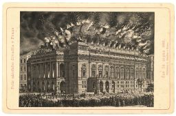 Požár Národního divadla v Praze, 12. 8.1881, reprodukce litografie na kabinetce