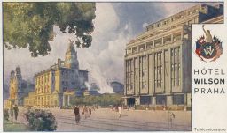 Železnice nádraží hotel Wilson Praha reklamní pohlednice 1936