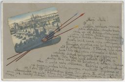 Praha Hradčany Karlův most pohlednice se šípy 1903