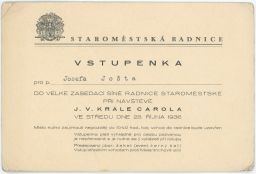 Praha Staroměstská radnice návštěva rumunského krále Carola vstupenka 1936