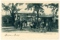 Vstup na provizorní most císaře Františka I. v Praze, 1899, dopisnice, světlotisk