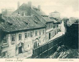 Praha Podskalí, Podskalská třída, 1899, dopisnice, světlotisk