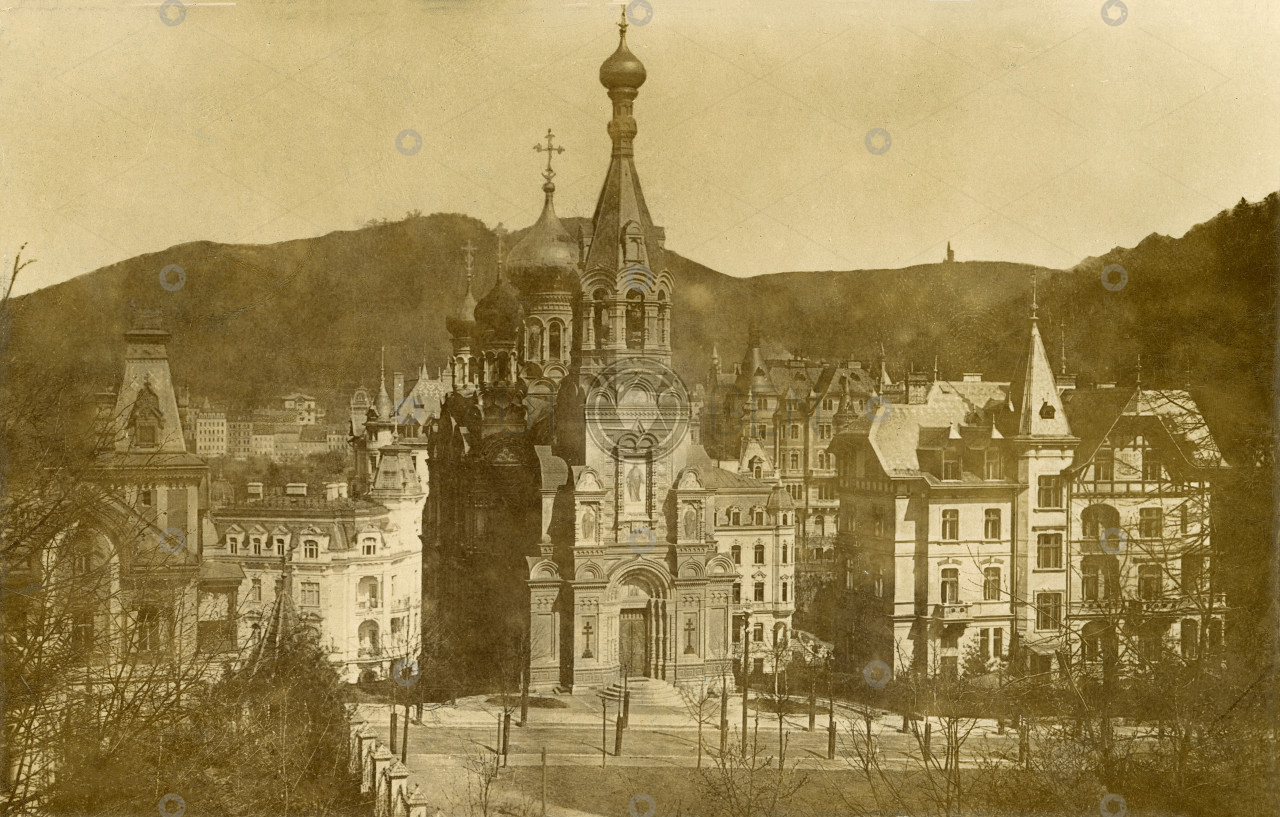 Karlovy Vary, kostel sv. Petra a Pavla, 1907, pohlednice