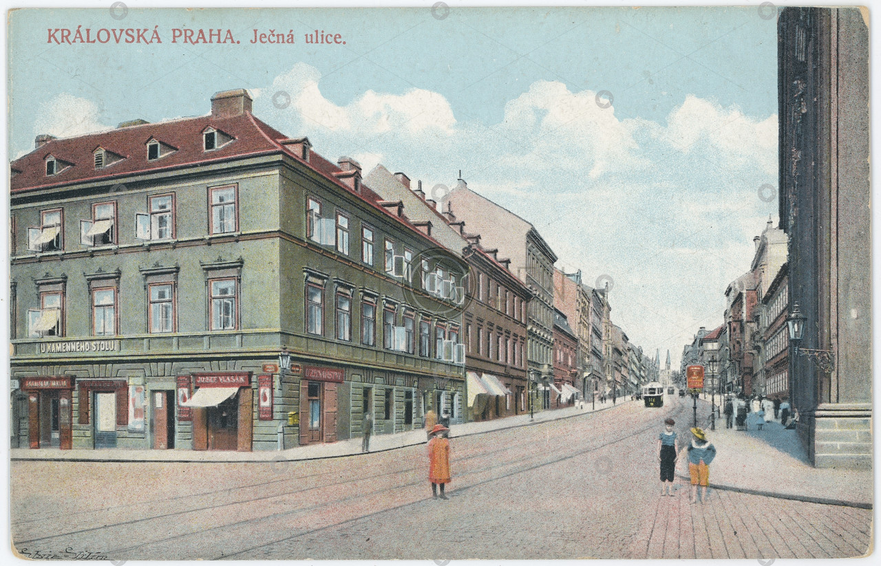 Praha Ječná Uzenářství Vlasák U kamenného stolu tramvaj VKKV 1908