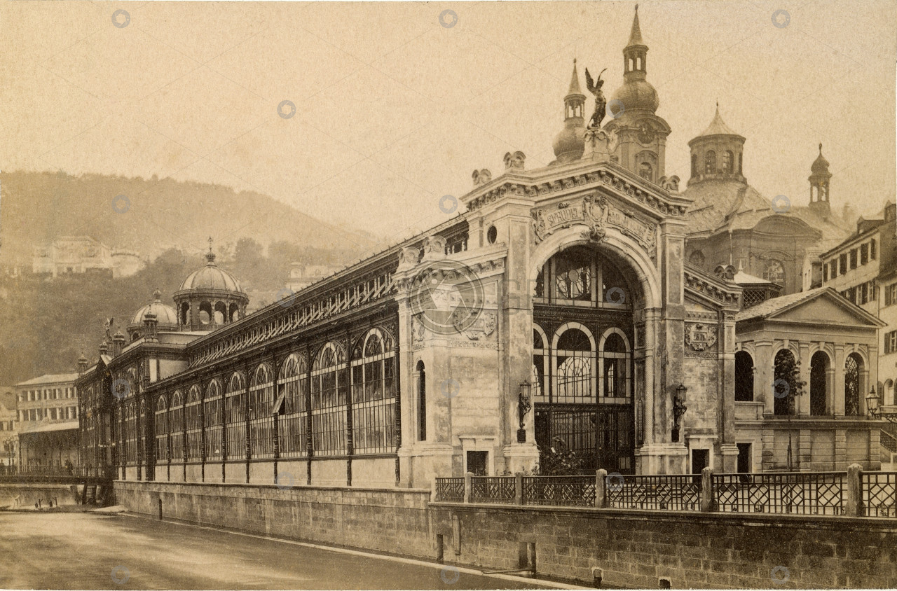 Karlovy Vary, litinová Kolonáda Vřídla, vizitka