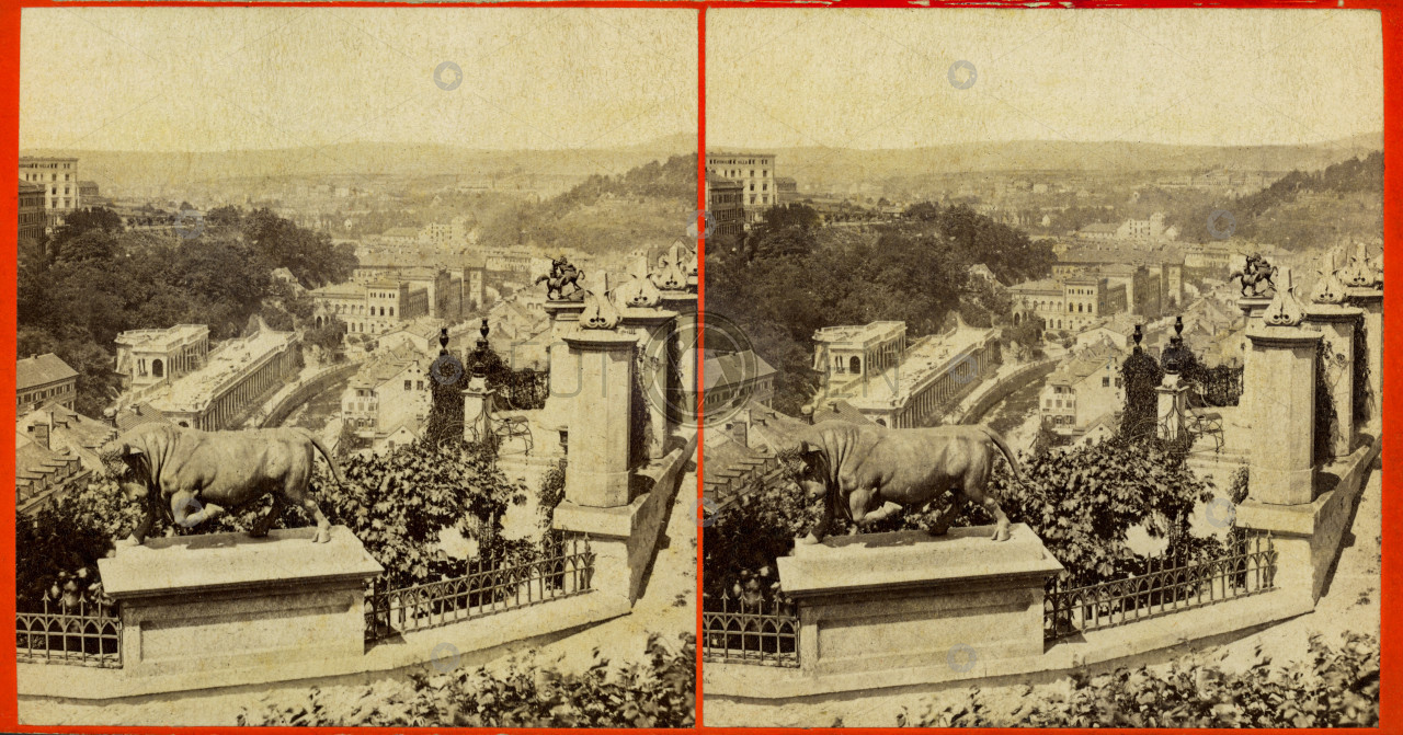 Karlovy Vary, celkový pohled od vily Lützow, Von der Villa Lützov aus, stereofotografie