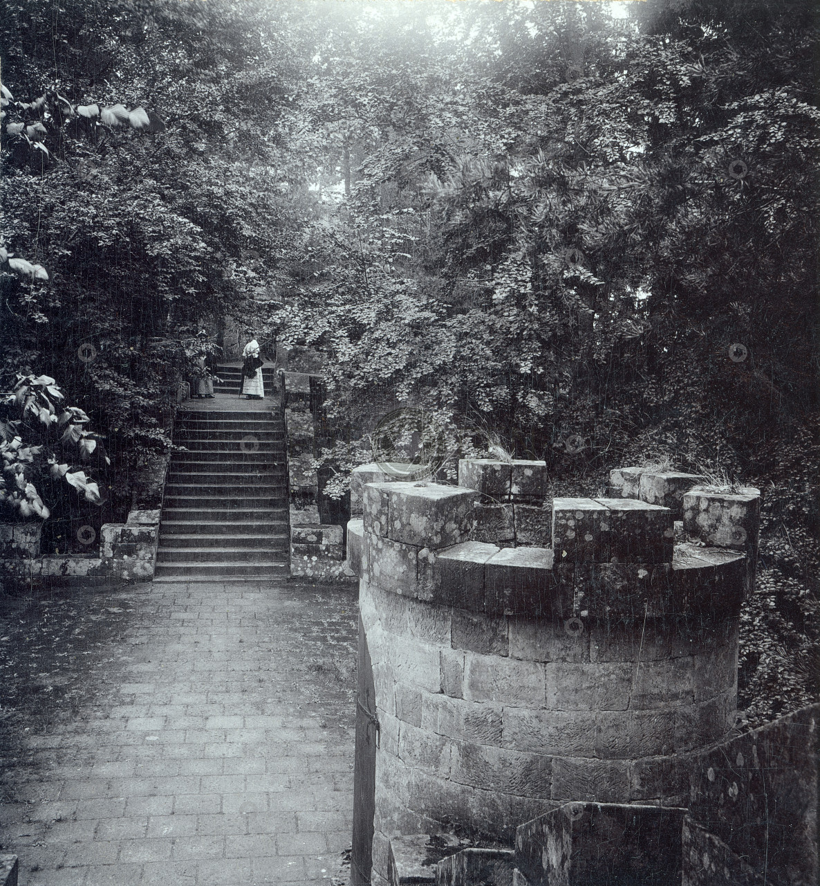 Hrad Valdštejn s návštěvníky, polovina stereofotografie