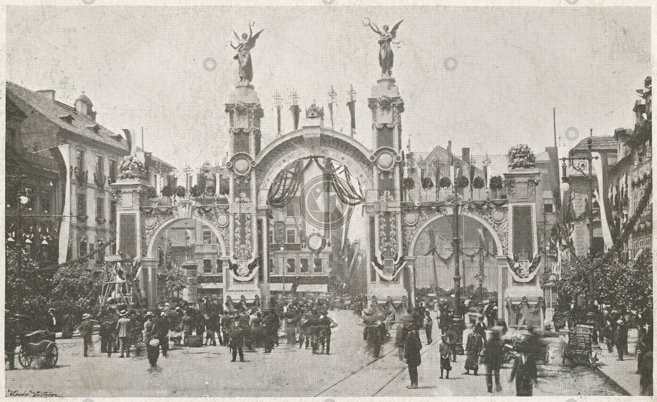Praha Václavské náměstí brána na uvítání císaře FJI 12. června 1901